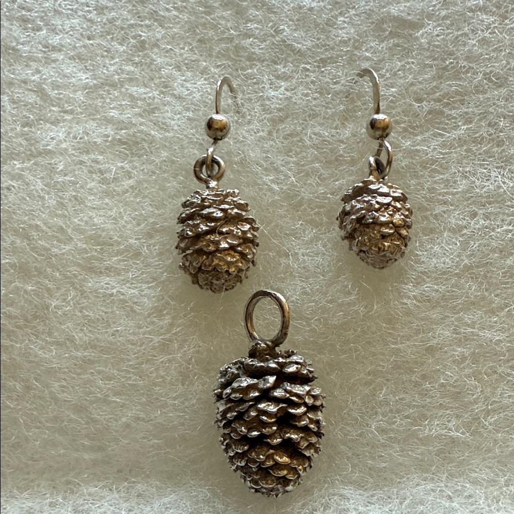 Silver Pine Cone Necklace and Earring Set